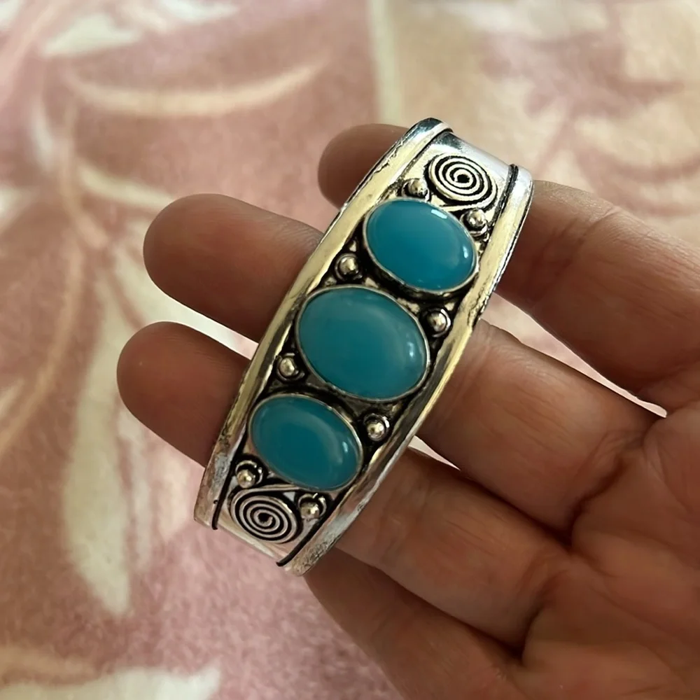 Boho Tribal Statement Cuff Bracelet – Silver-Tone with Blue Cabochons